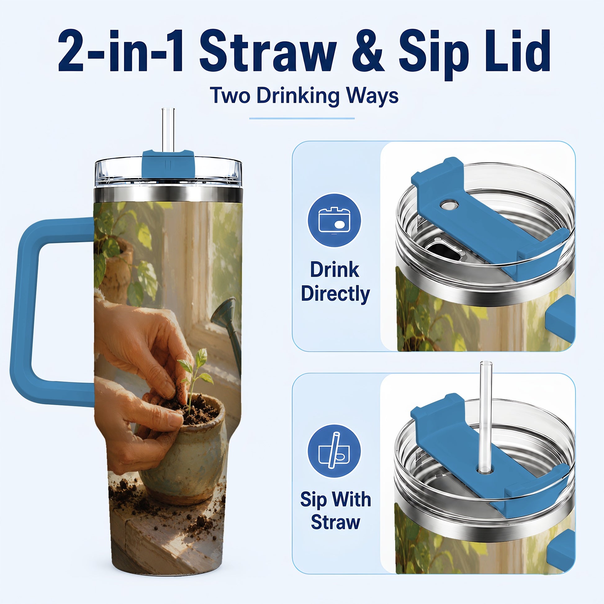 #pl[40oz|Blue] Planting Seedling 40oz Tumbler with Handle, Gardening Art