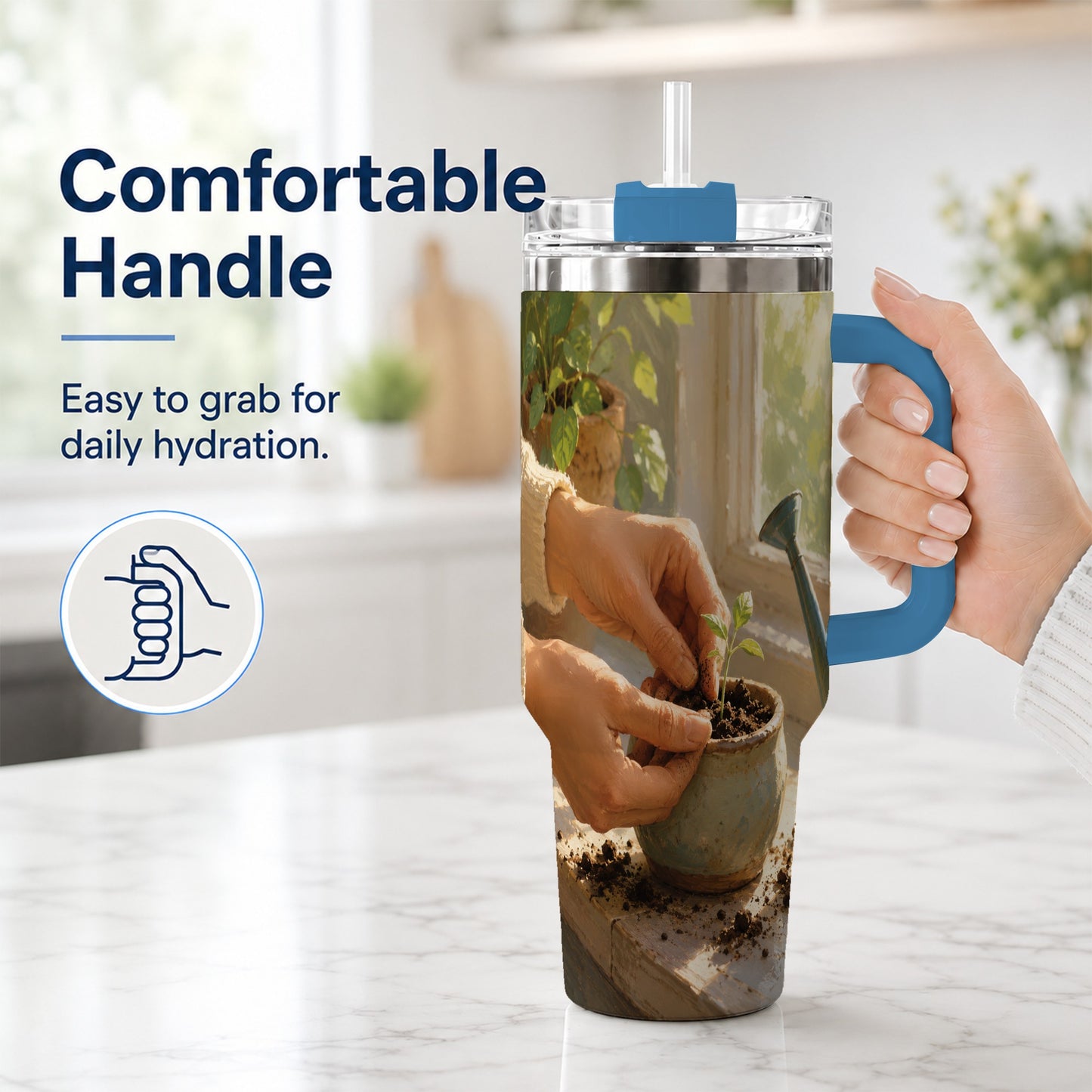 #pl[40oz|Blue] Planting Seedling 40oz Tumbler with Handle, Gardening Art