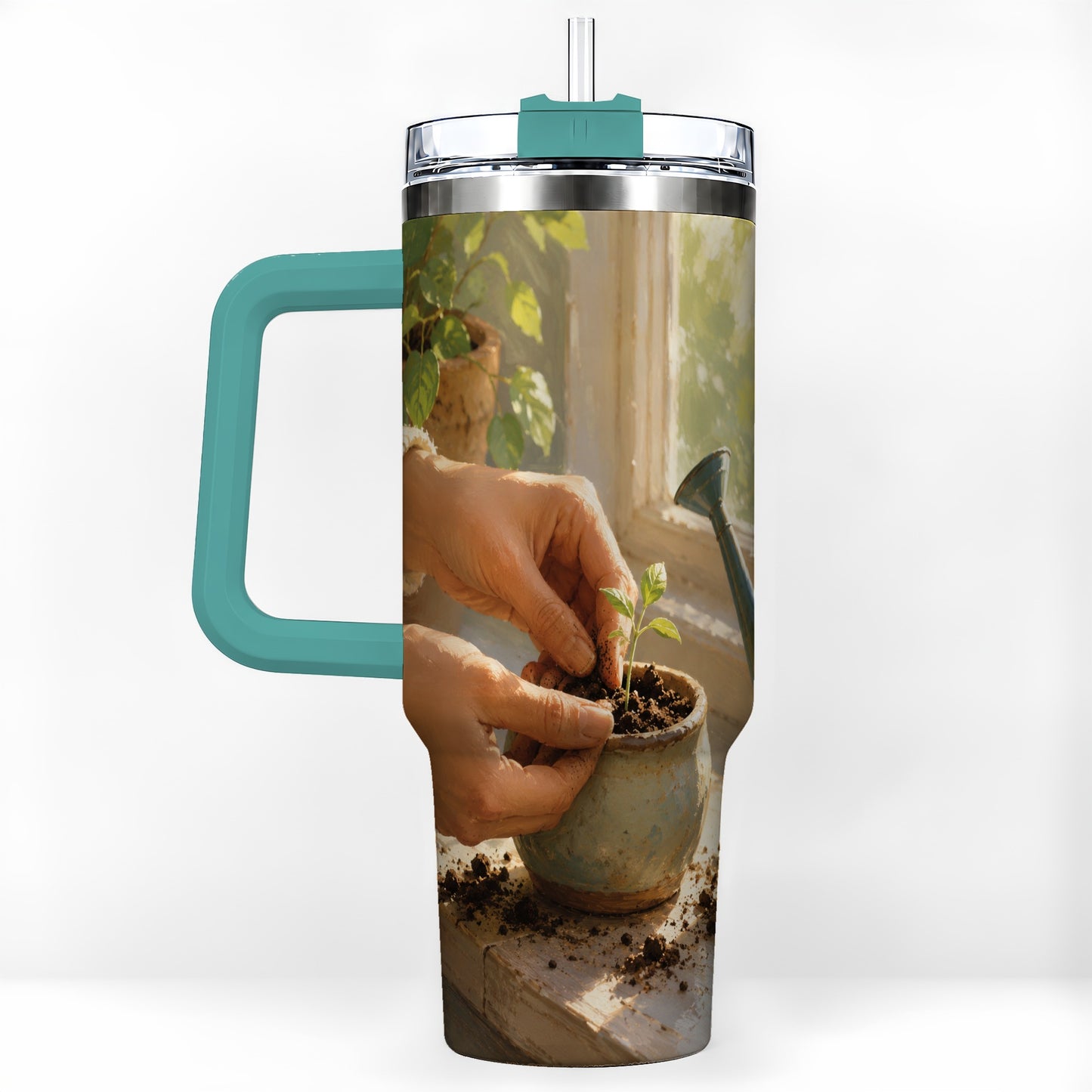 #pl[40oz|Green] Planting Seedling 40oz Tumbler with Handle, Gardening Art