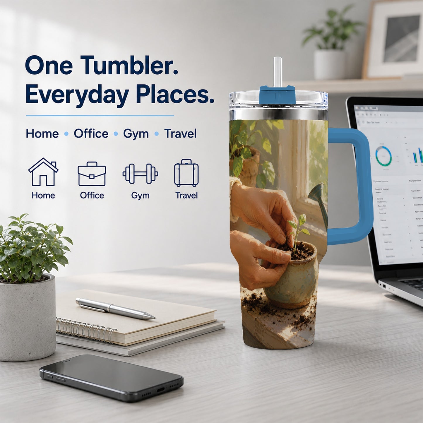 #pl[40oz|Blue] Planting Seedling 40oz Tumbler with Handle, Gardening Art