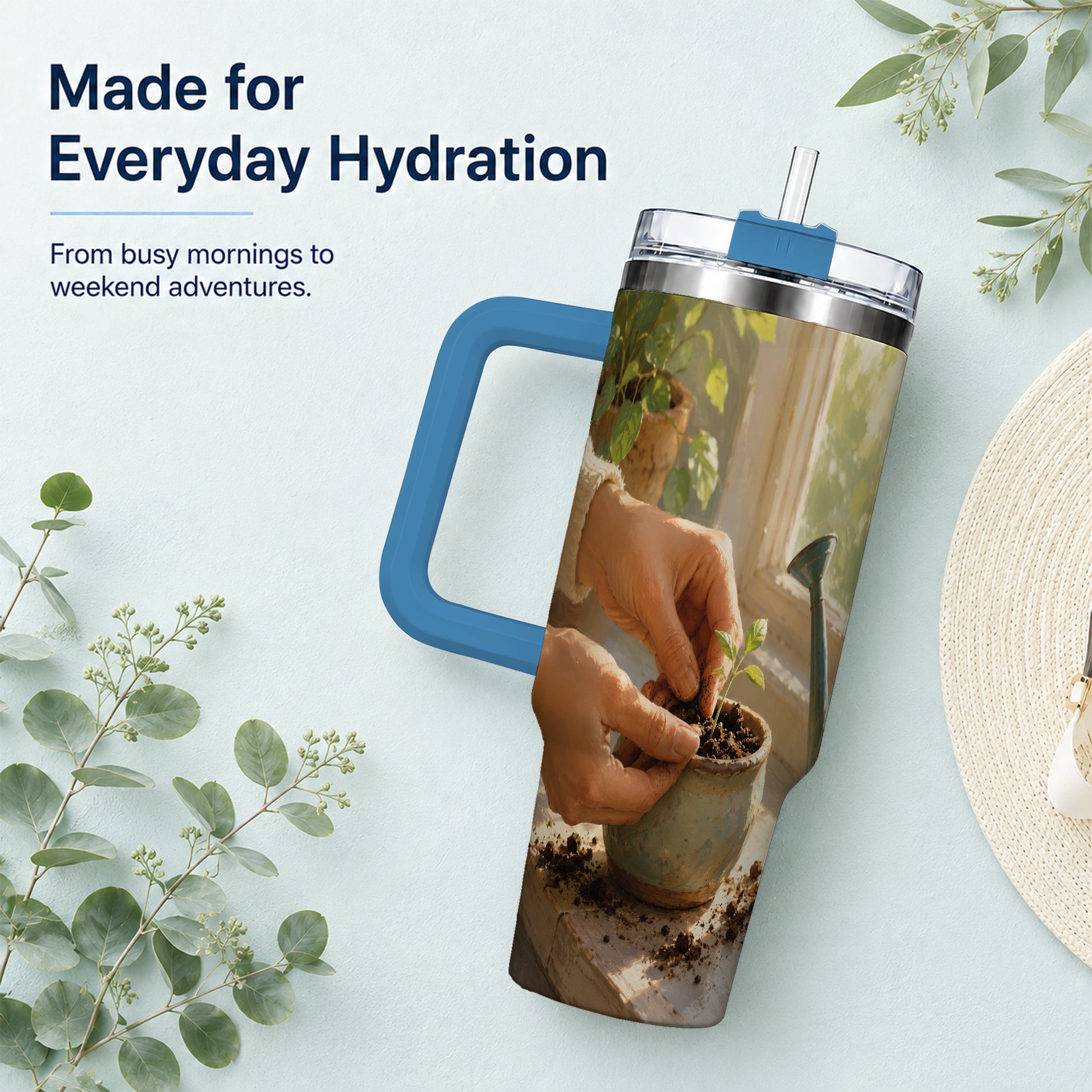 #pl[40oz|Blue] Planting Seedling 40oz Tumbler with Handle, Gardening Art