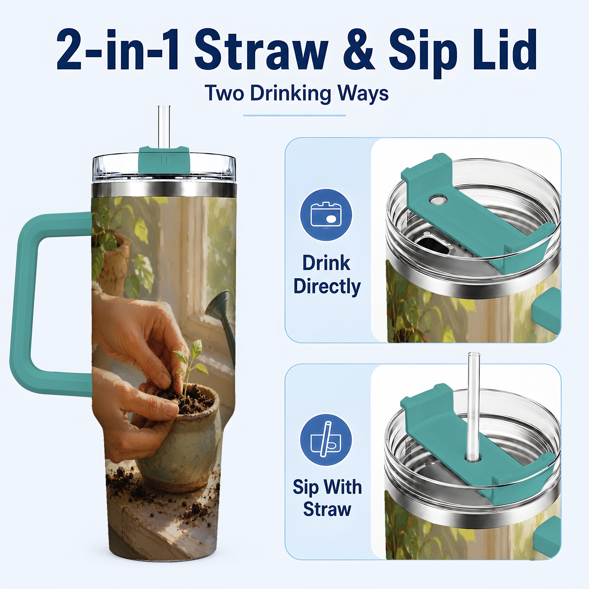#pl[40oz|Green] Planting Seedling 40oz Tumbler with Handle, Gardening Art