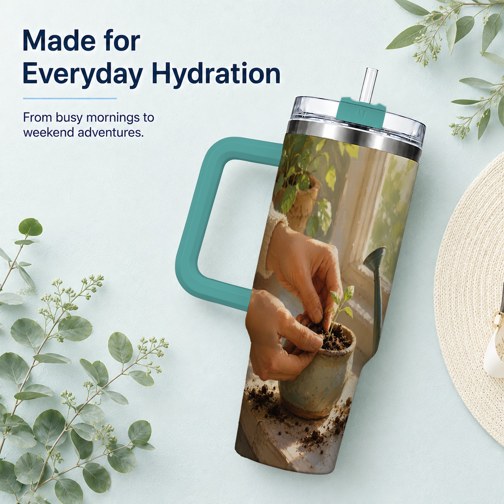 #pl[40oz|Green] Planting Seedling 40oz Tumbler with Handle, Gardening Art