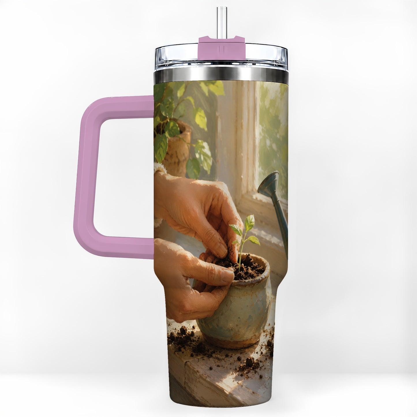 #pl[40oz|Pink] Planting Seedling 40oz Tumbler with Handle, Gardening Art