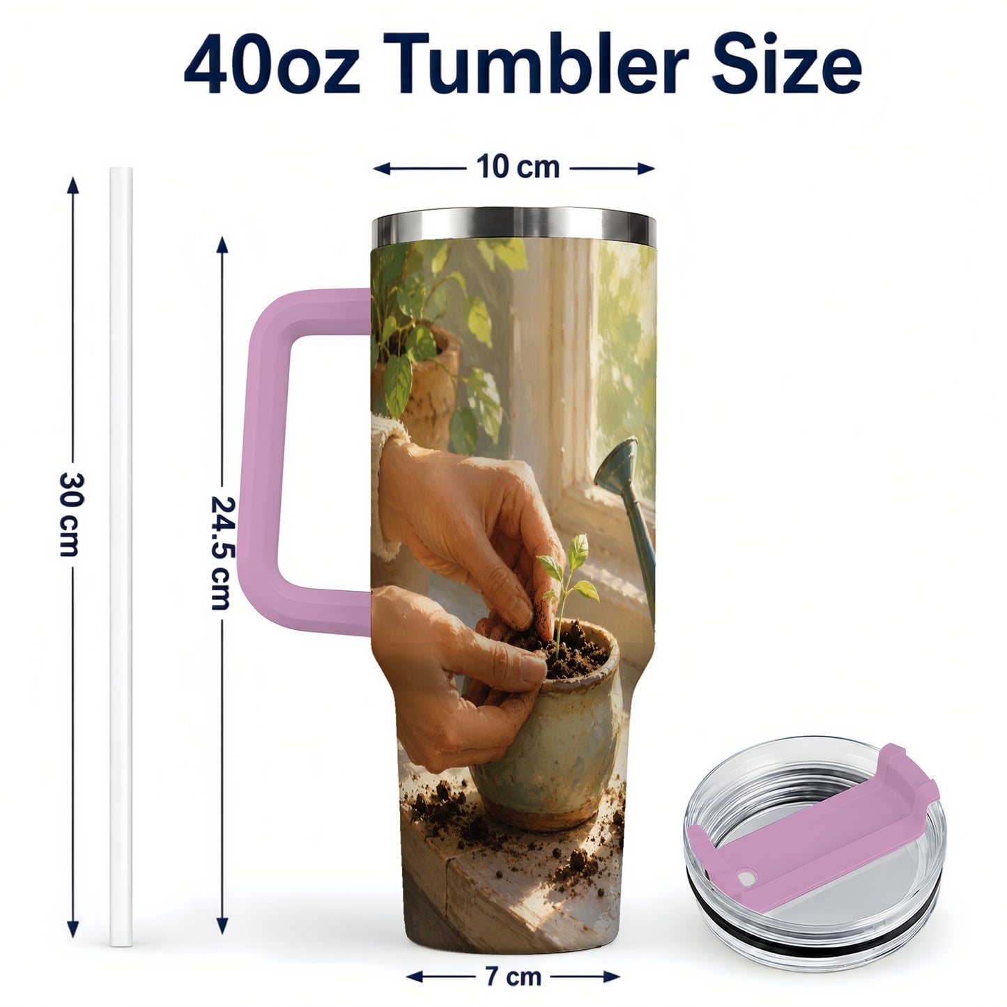 #pl[40oz|Pink] Planting Seedling 40oz Tumbler with Handle, Gardening Art