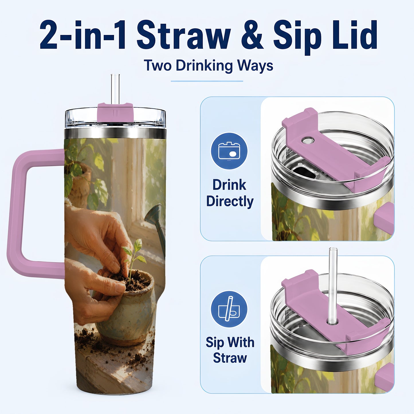 #pl[40oz|Pink] Planting Seedling 40oz Tumbler with Handle, Gardening Art