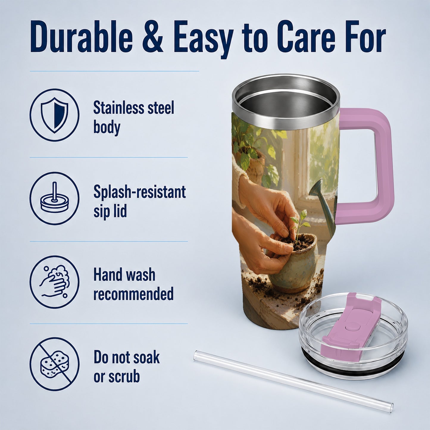 #pl[40oz|Pink] Planting Seedling 40oz Tumbler with Handle, Gardening Art
