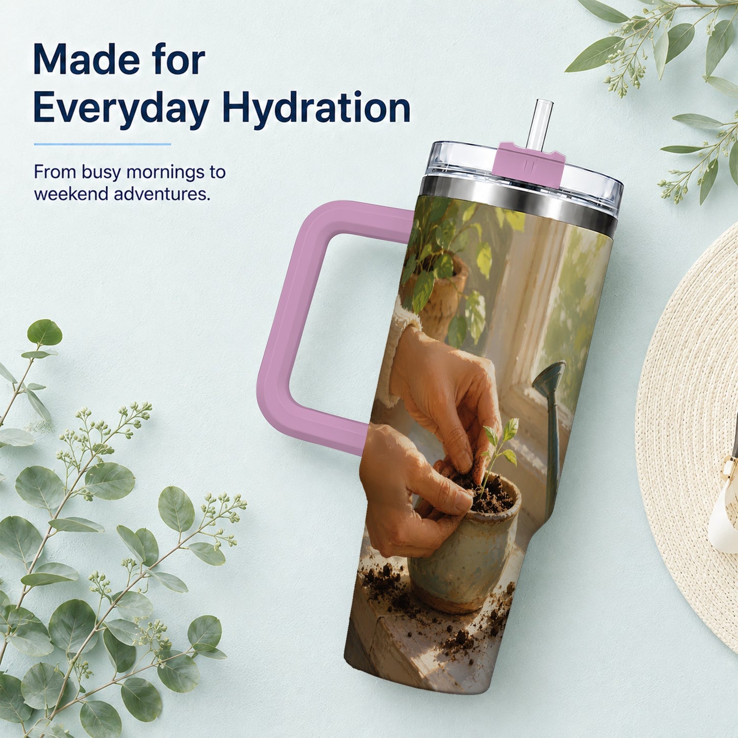 #pl[40oz|Pink] Planting Seedling 40oz Tumbler with Handle, Gardening Art