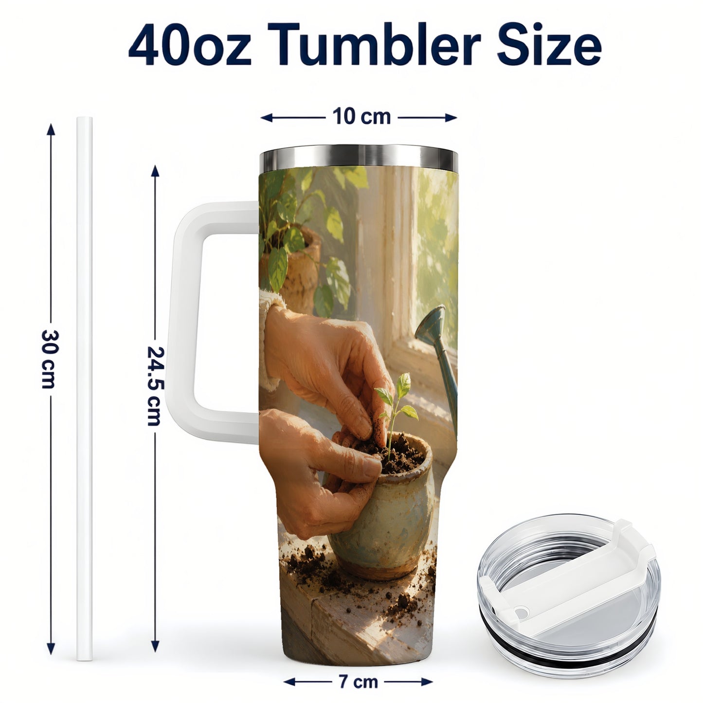 #pl[40oz|White] Planting Seedling 40oz Tumbler with Handle, Gardening Art