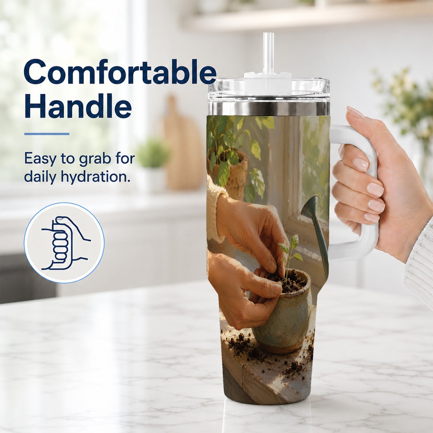 #pl[40oz|White] Planting Seedling 40oz Tumbler with Handle, Gardening Art
