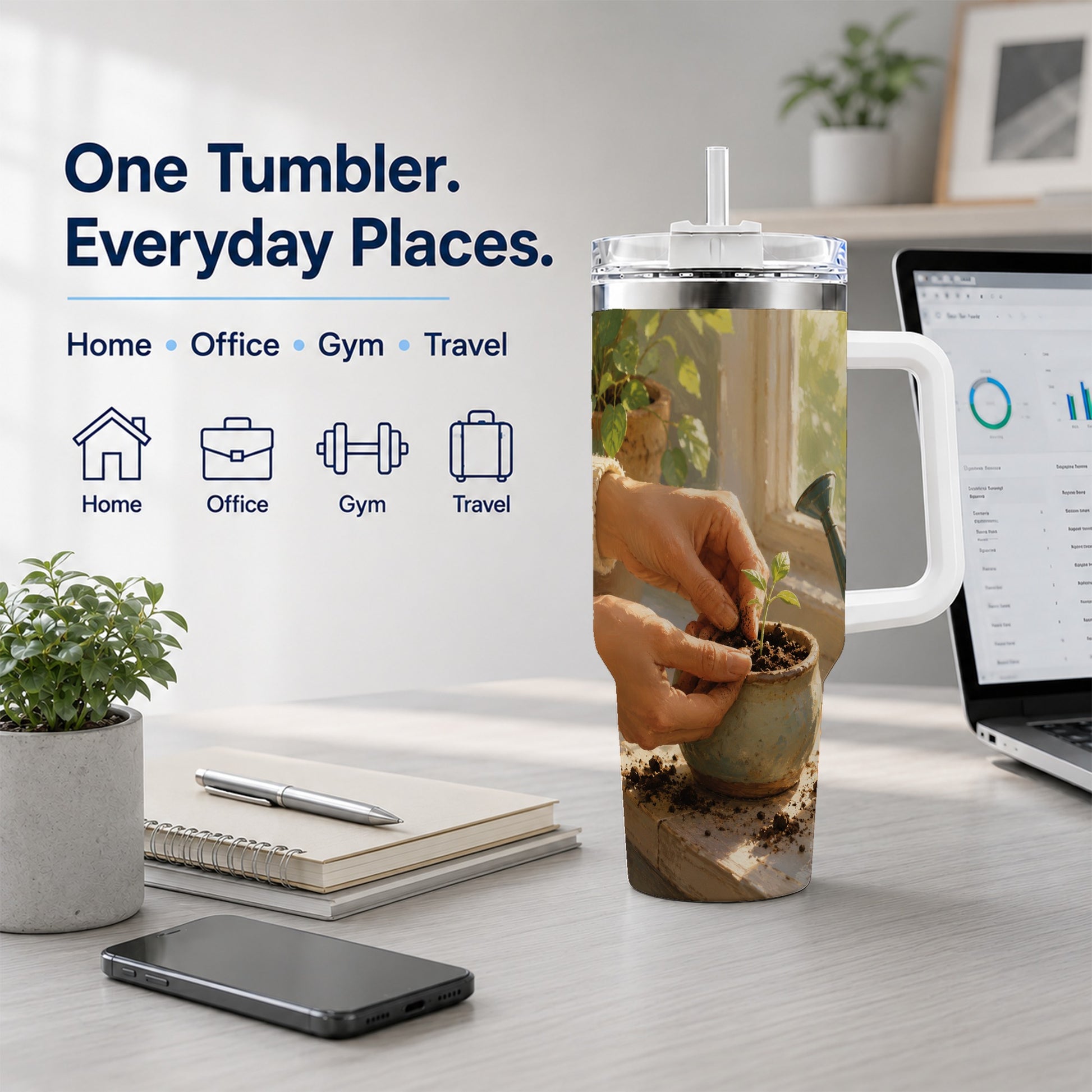 #pl[40oz|White] Planting Seedling 40oz Tumbler with Handle, Gardening Art