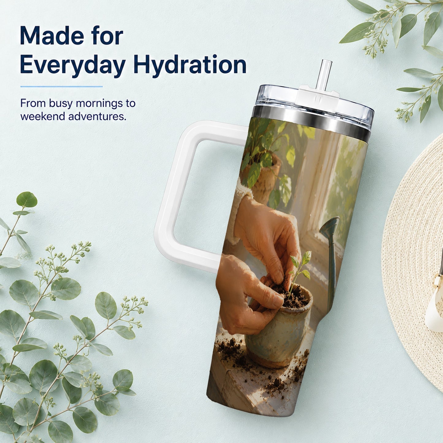 #pl[40oz|White] Planting Seedling 40oz Tumbler with Handle, Gardening Art