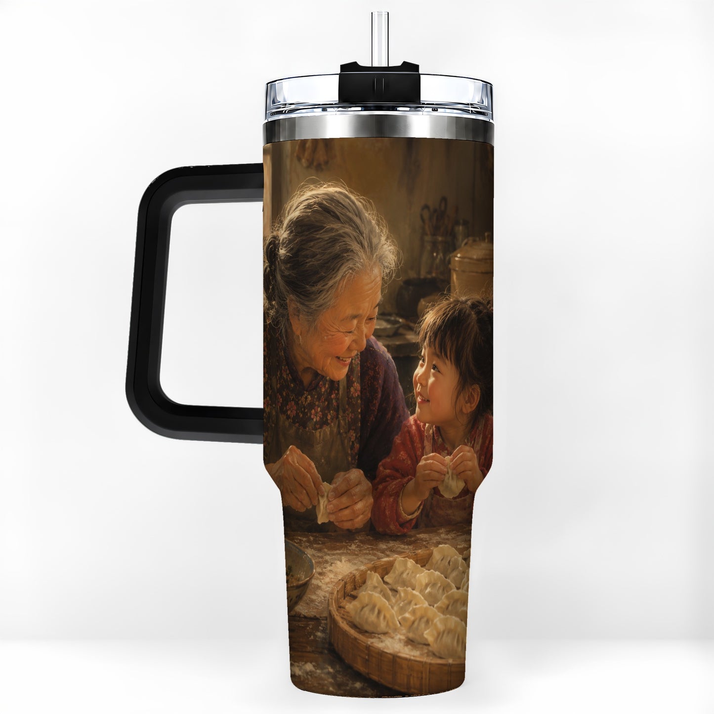 #pl[40oz|Black] Family Dumpling Making 40oz Tumbler with Handle, Kitchen Art