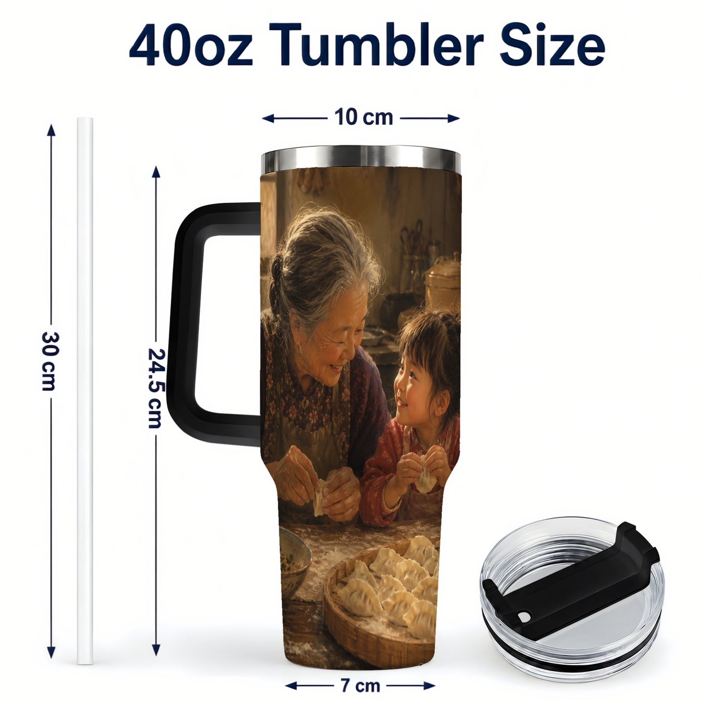 #pl[40oz|Black] Family Dumpling Making 40oz Tumbler with Handle, Kitchen Art