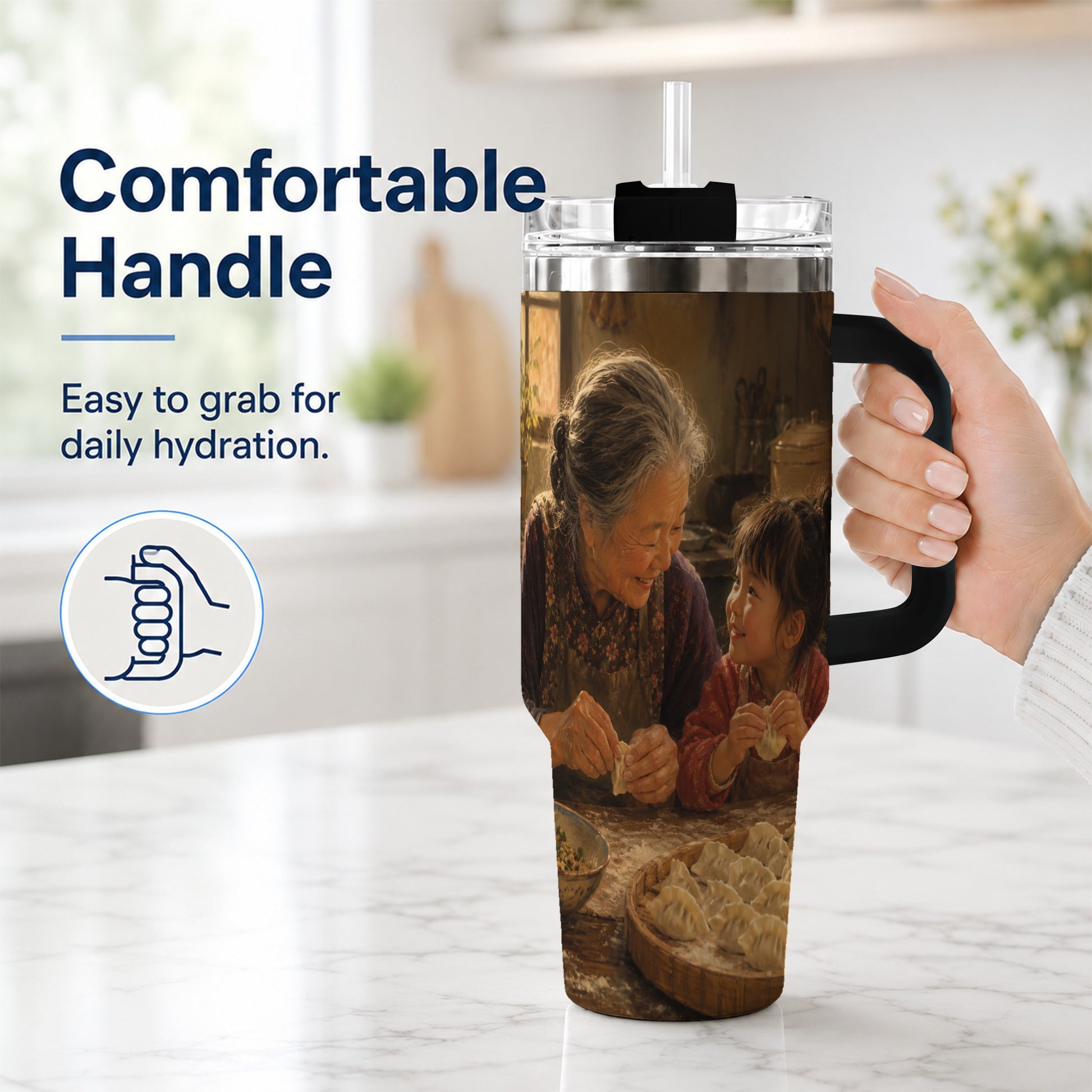 #pl[40oz|Black] Family Dumpling Making 40oz Tumbler with Handle, Kitchen Art