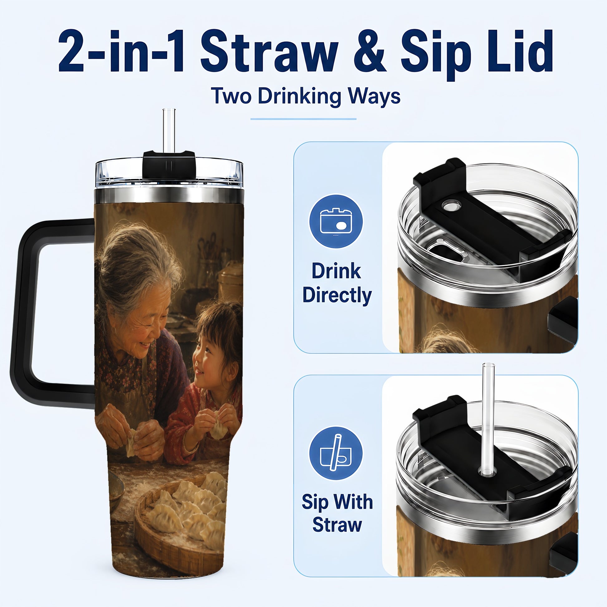 #pl[40oz|Black] Family Dumpling Making 40oz Tumbler with Handle, Kitchen Art