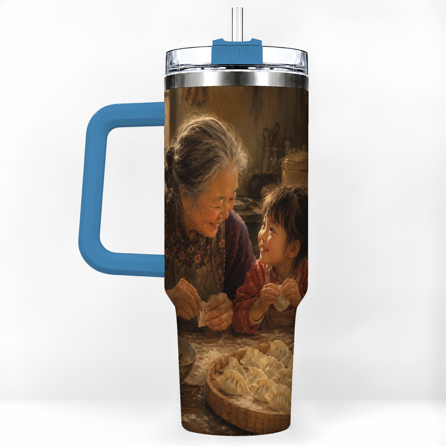 #pl[40oz|Blue] Family Dumpling Making 40oz Tumbler with Handle, Kitchen Art