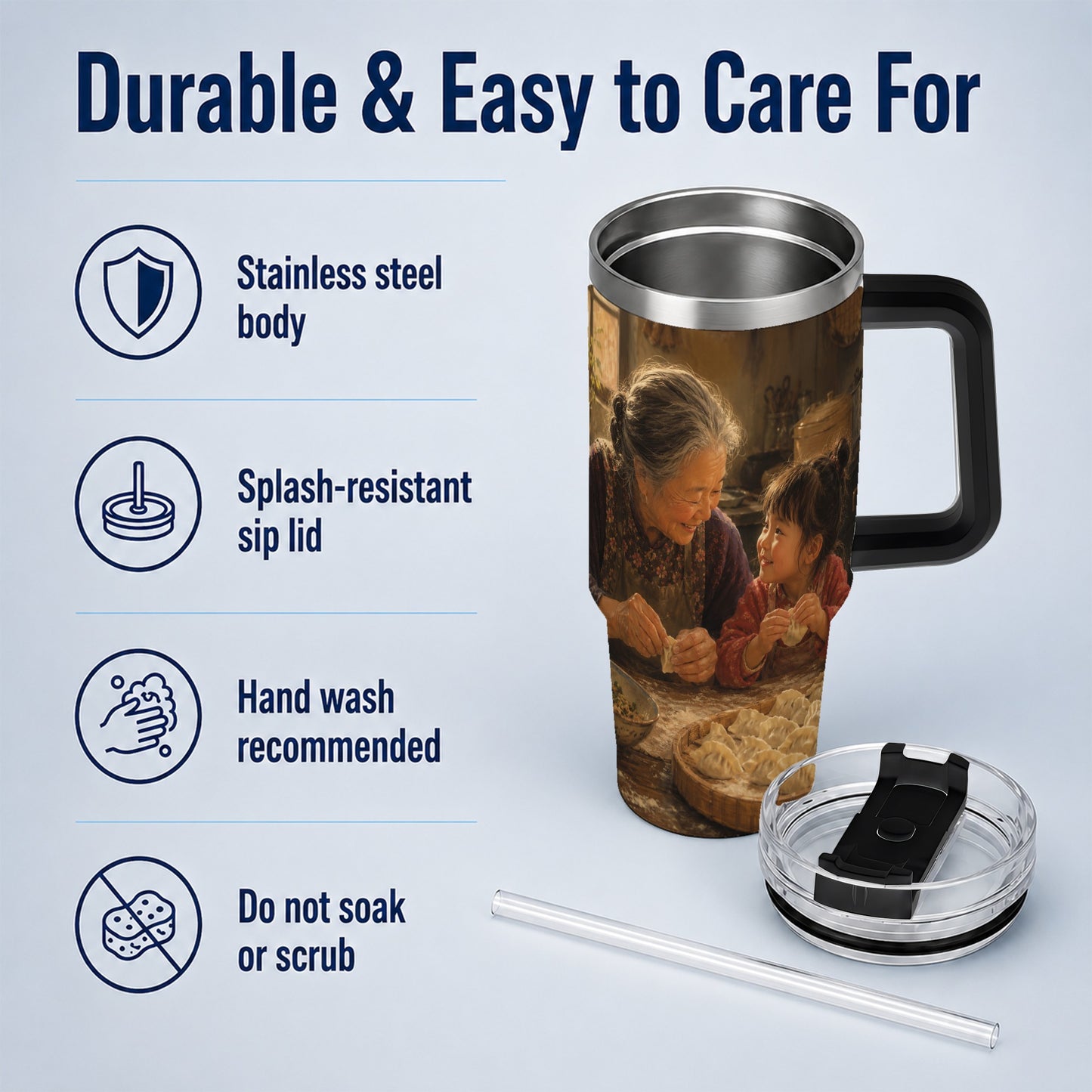 #pl[40oz|Black] Family Dumpling Making 40oz Tumbler with Handle, Kitchen Art