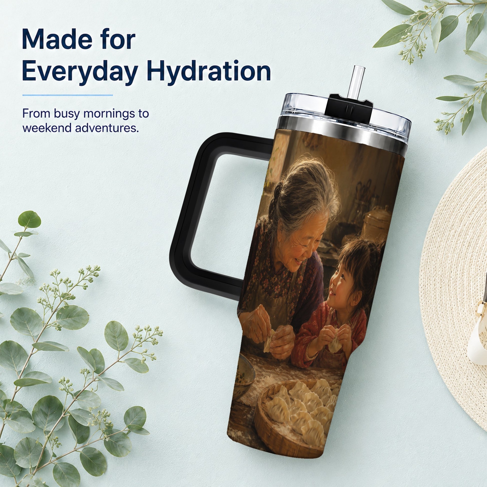 #pl[40oz|Black] Family Dumpling Making 40oz Tumbler with Handle, Kitchen Art