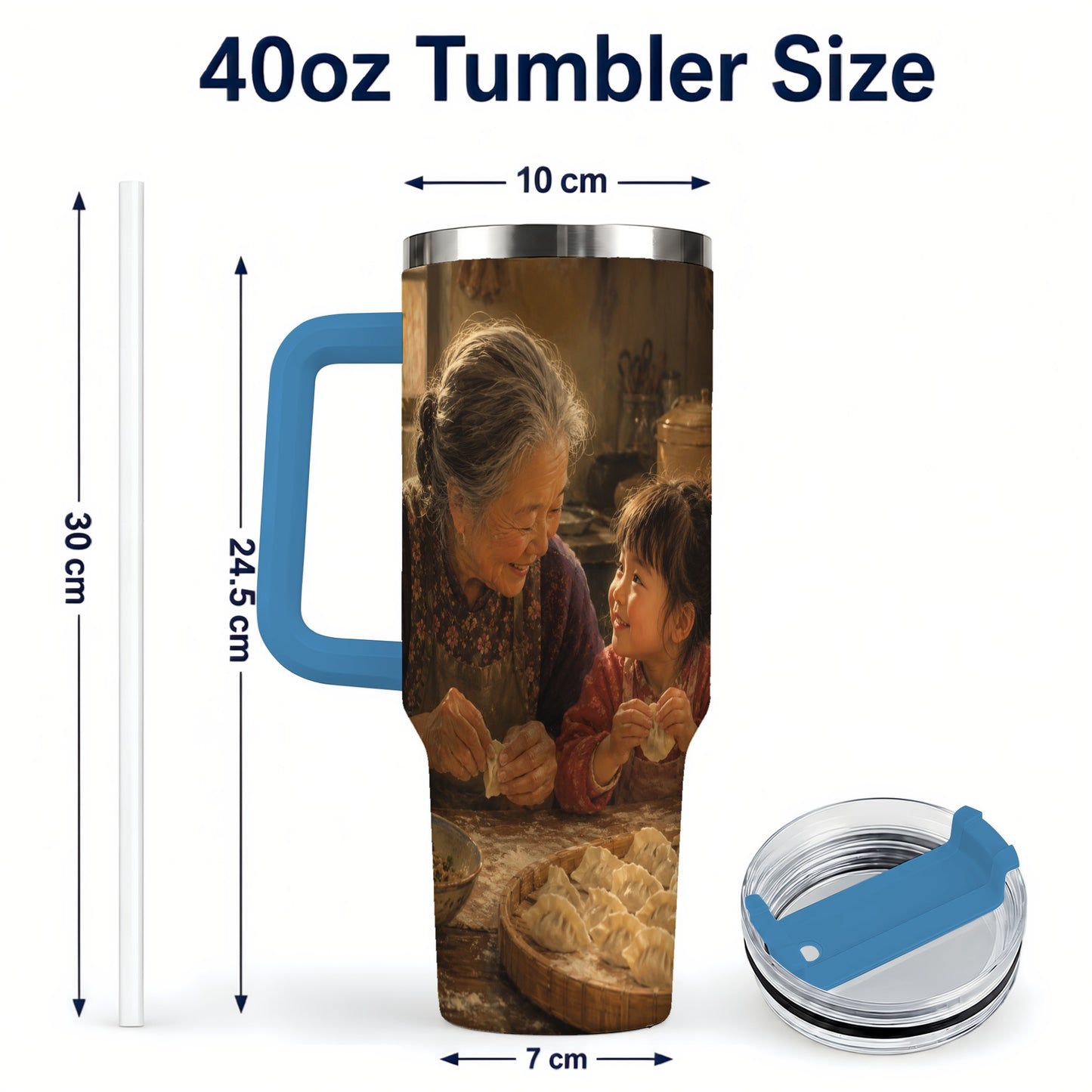 #pl[40oz|Blue] Family Dumpling Making 40oz Tumbler with Handle, Kitchen Art