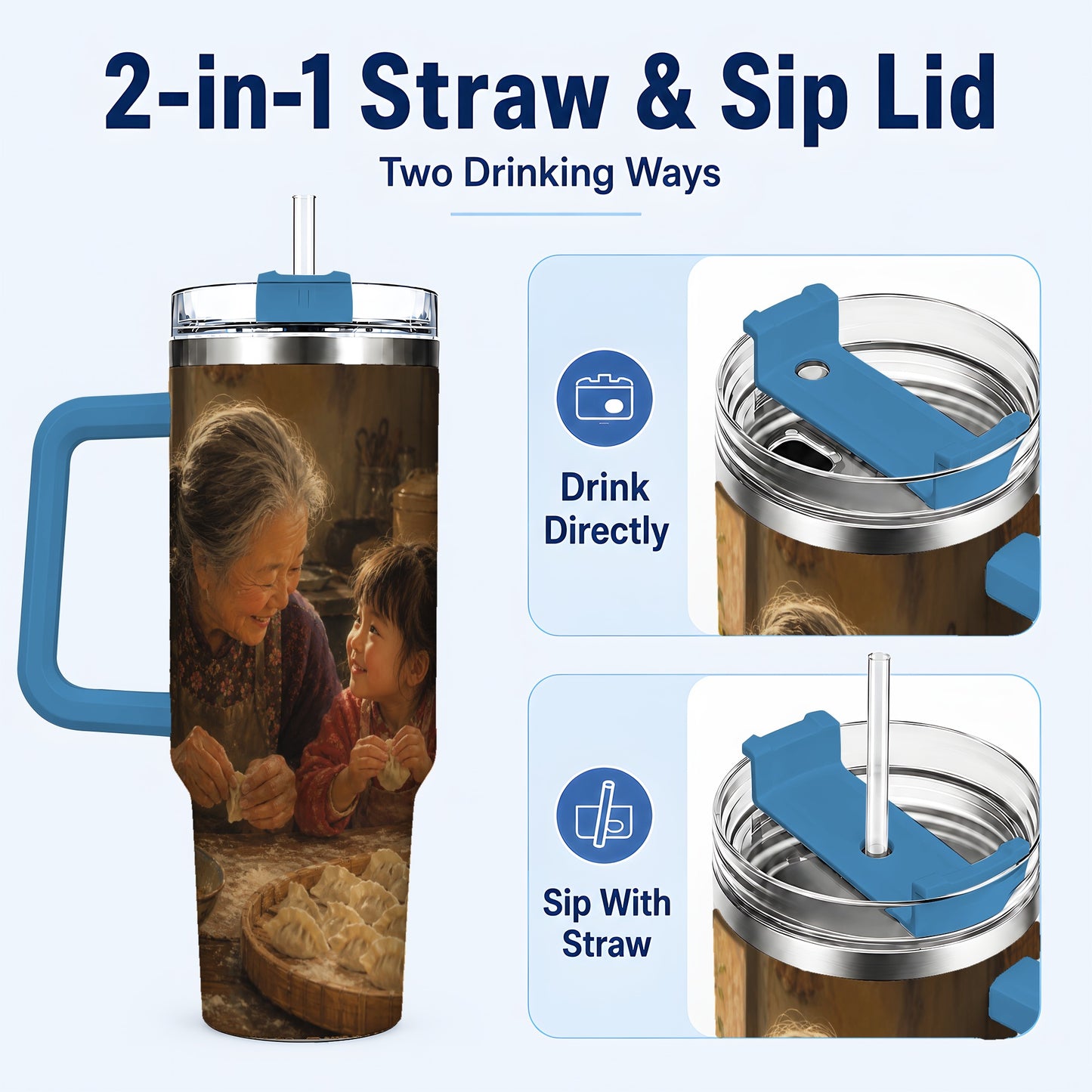 #pl[40oz|Blue] Family Dumpling Making 40oz Tumbler with Handle, Kitchen Art