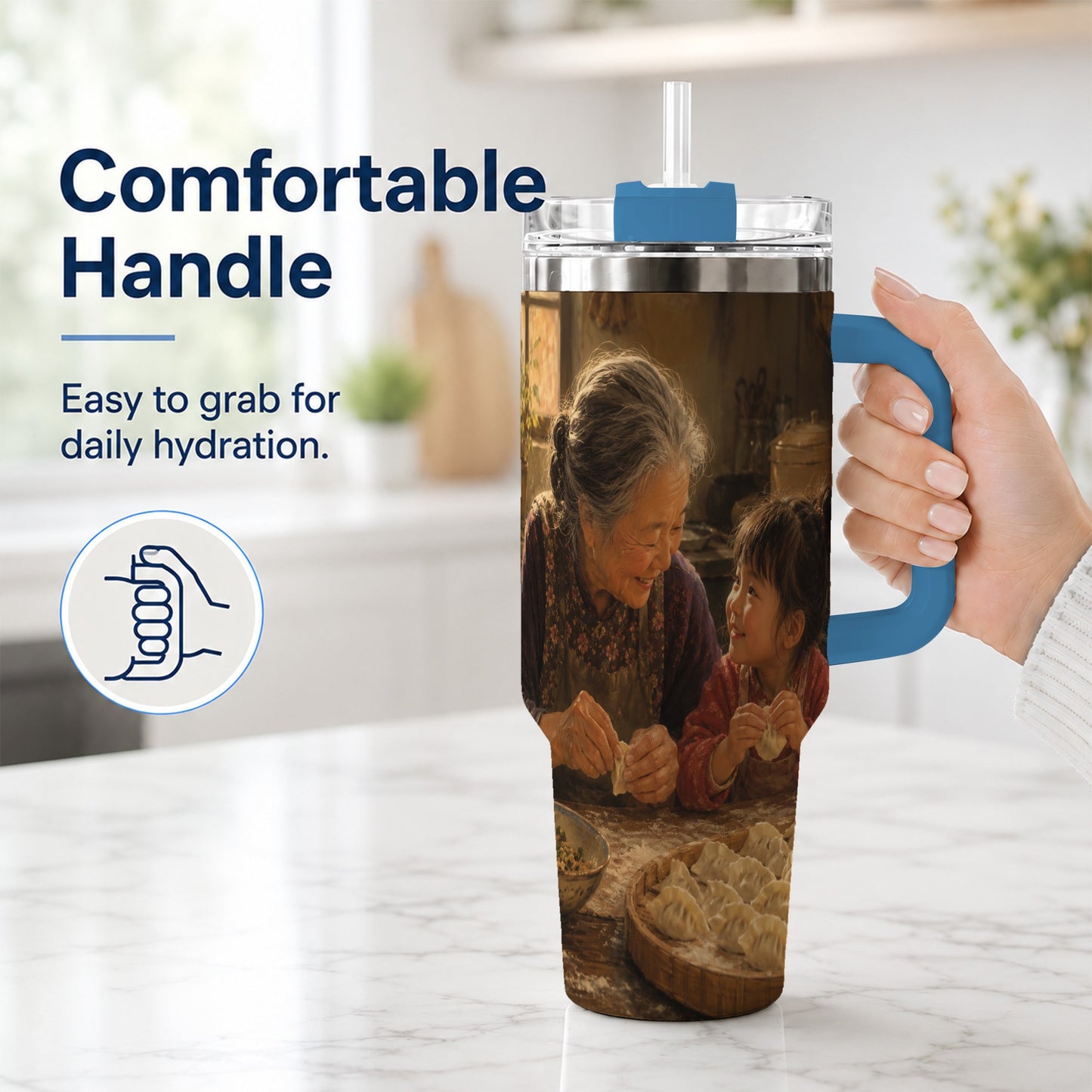 #pl[40oz|Blue] Family Dumpling Making 40oz Tumbler with Handle, Kitchen Art
