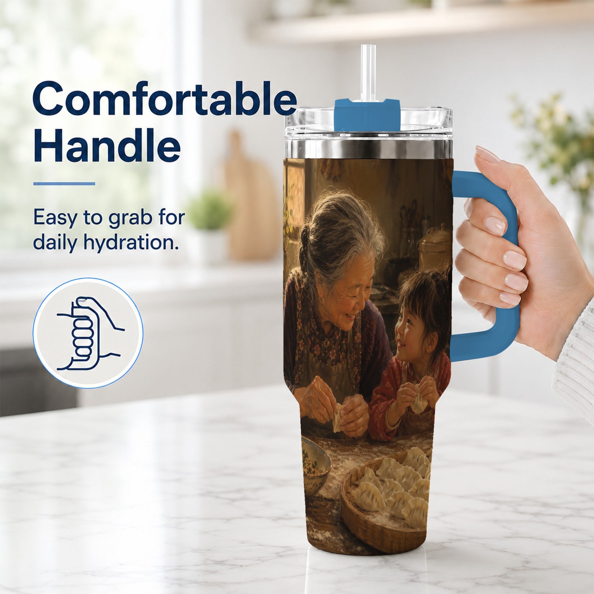 #pl[40oz|Blue] Family Dumpling Making 40oz Tumbler with Handle, Kitchen Art