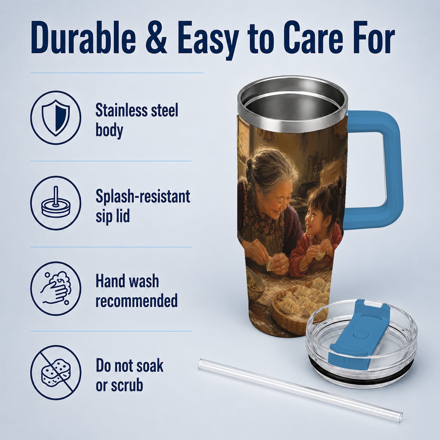 #pl[40oz|Blue] Family Dumpling Making 40oz Tumbler with Handle, Kitchen Art