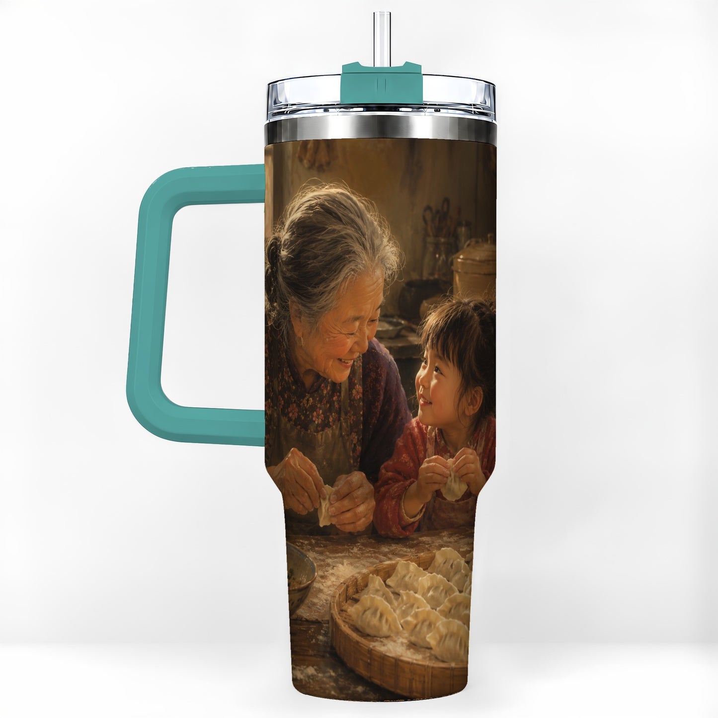 #pl[40oz|Green] Family Dumpling Making 40oz Tumbler with Handle, Kitchen Art