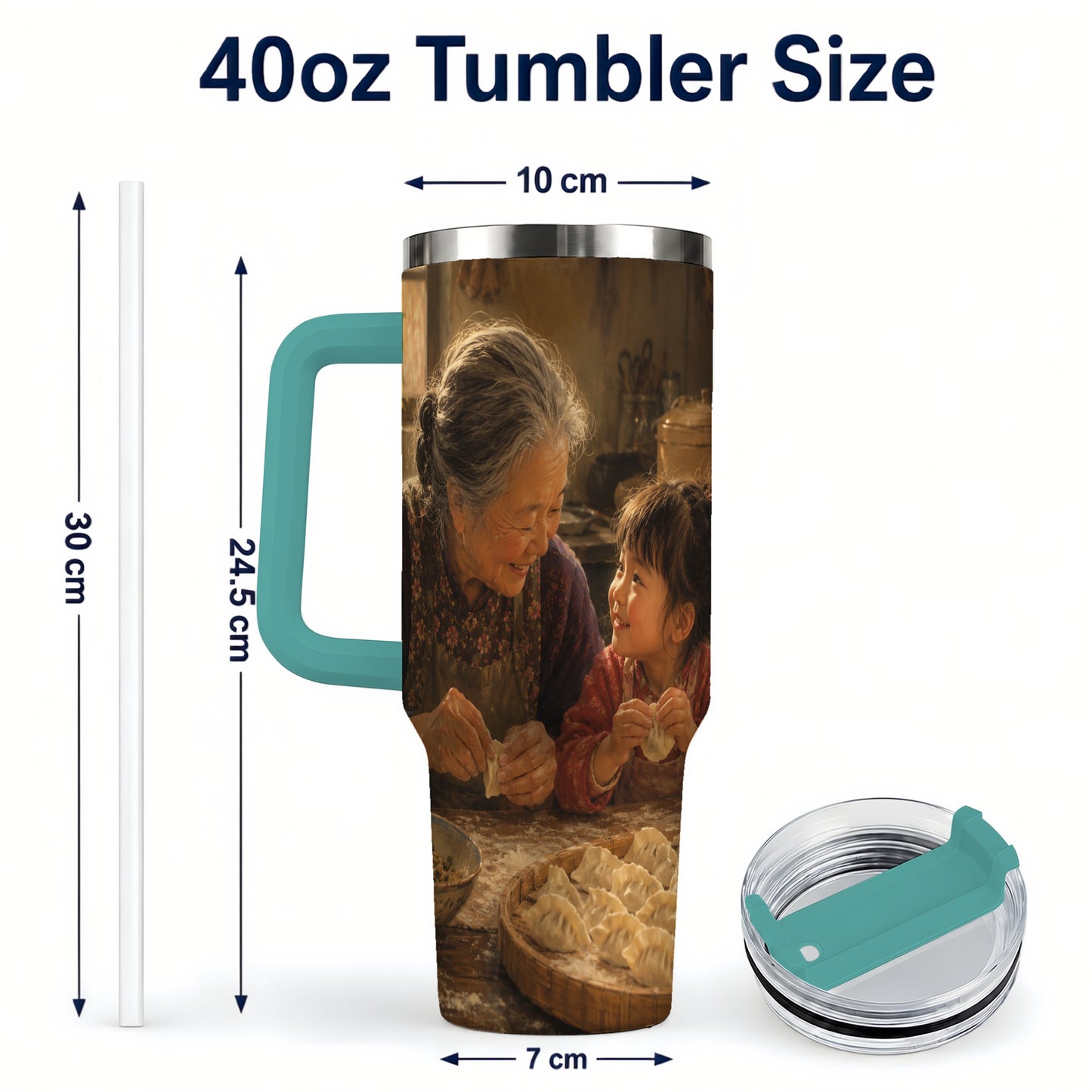 #pl[40oz|Green] Family Dumpling Making 40oz Tumbler with Handle, Kitchen Art