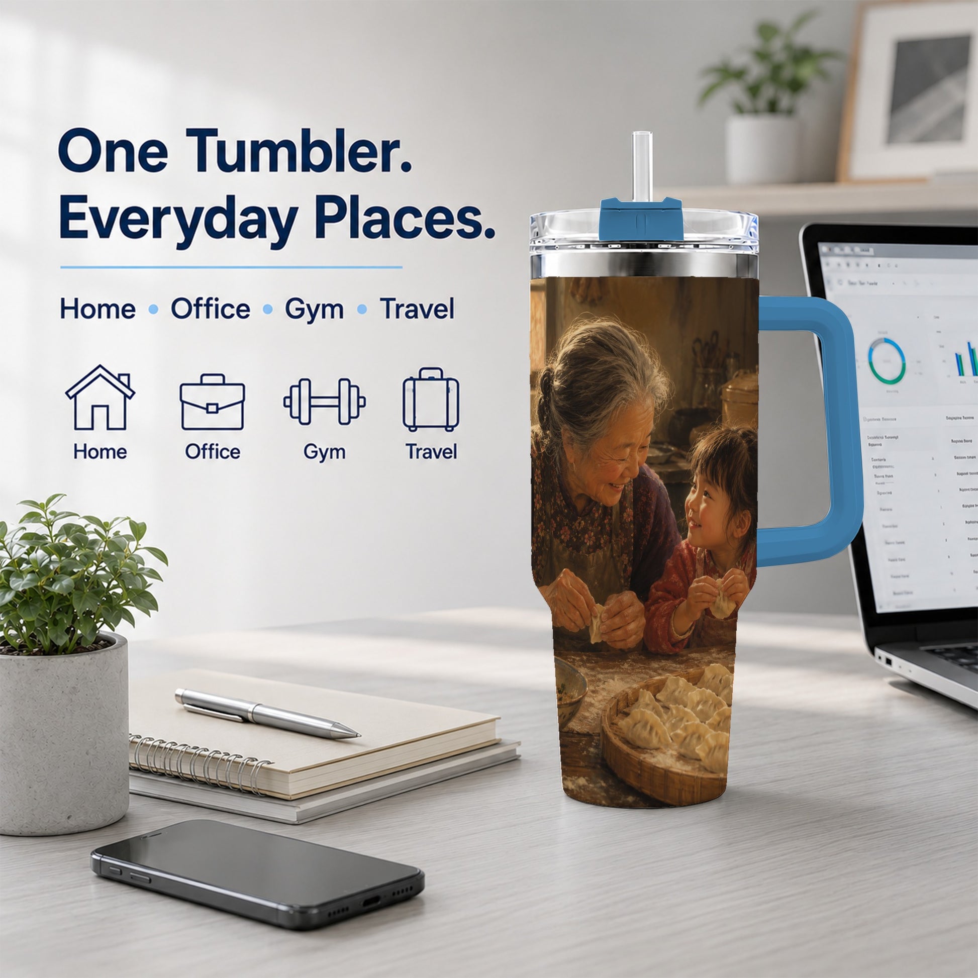 #pl[40oz|Blue] Family Dumpling Making 40oz Tumbler with Handle, Kitchen Art