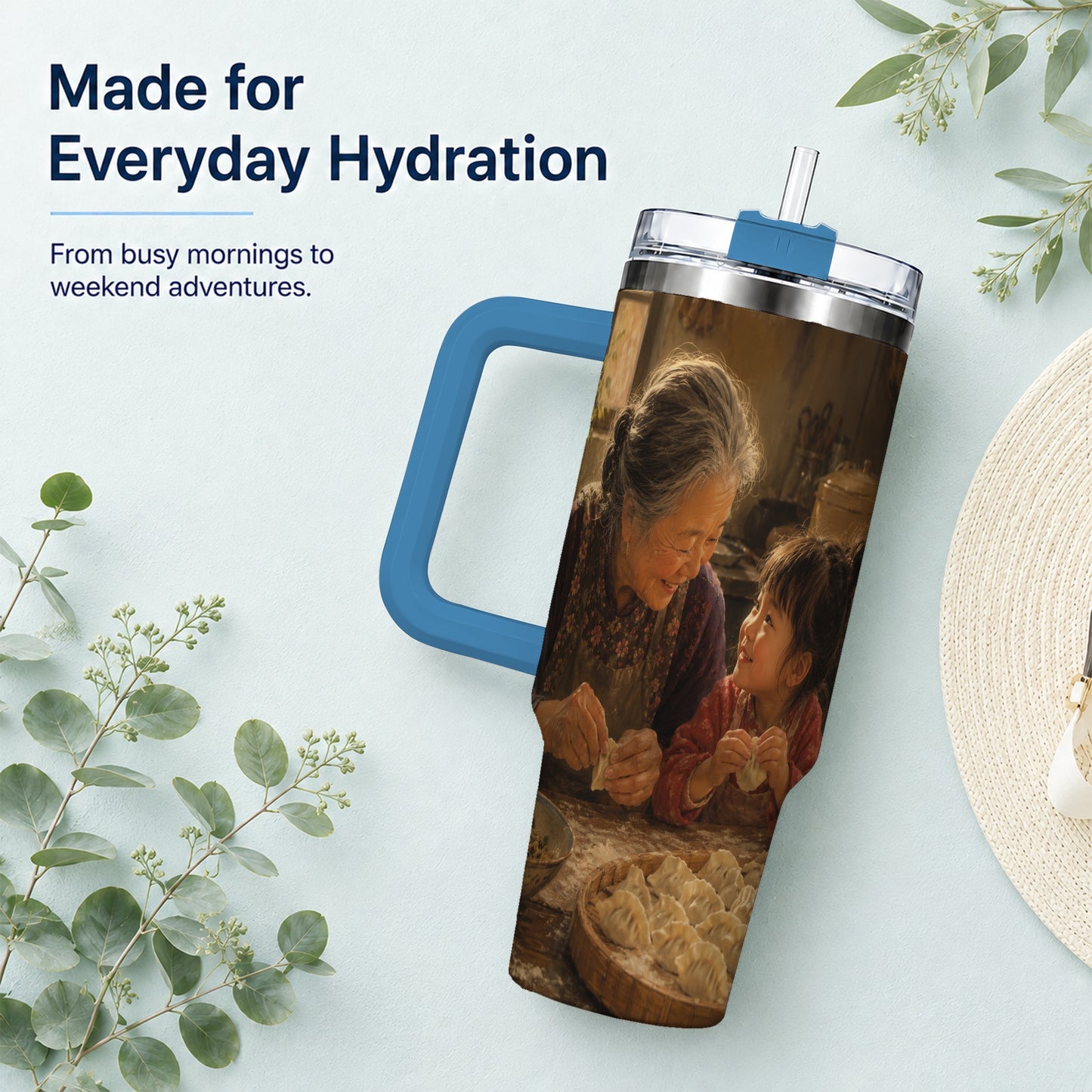#pl[40oz|Blue] Family Dumpling Making 40oz Tumbler with Handle, Kitchen Art