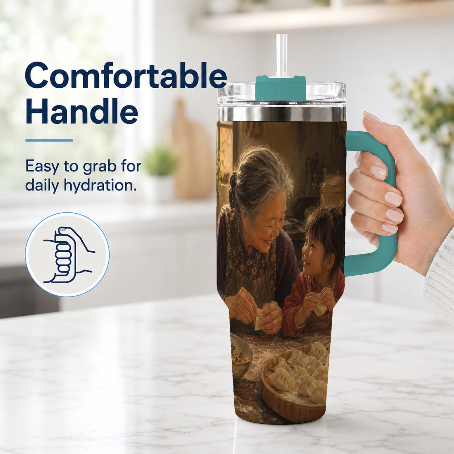 #pl[40oz|Green] Family Dumpling Making 40oz Tumbler with Handle, Kitchen Art