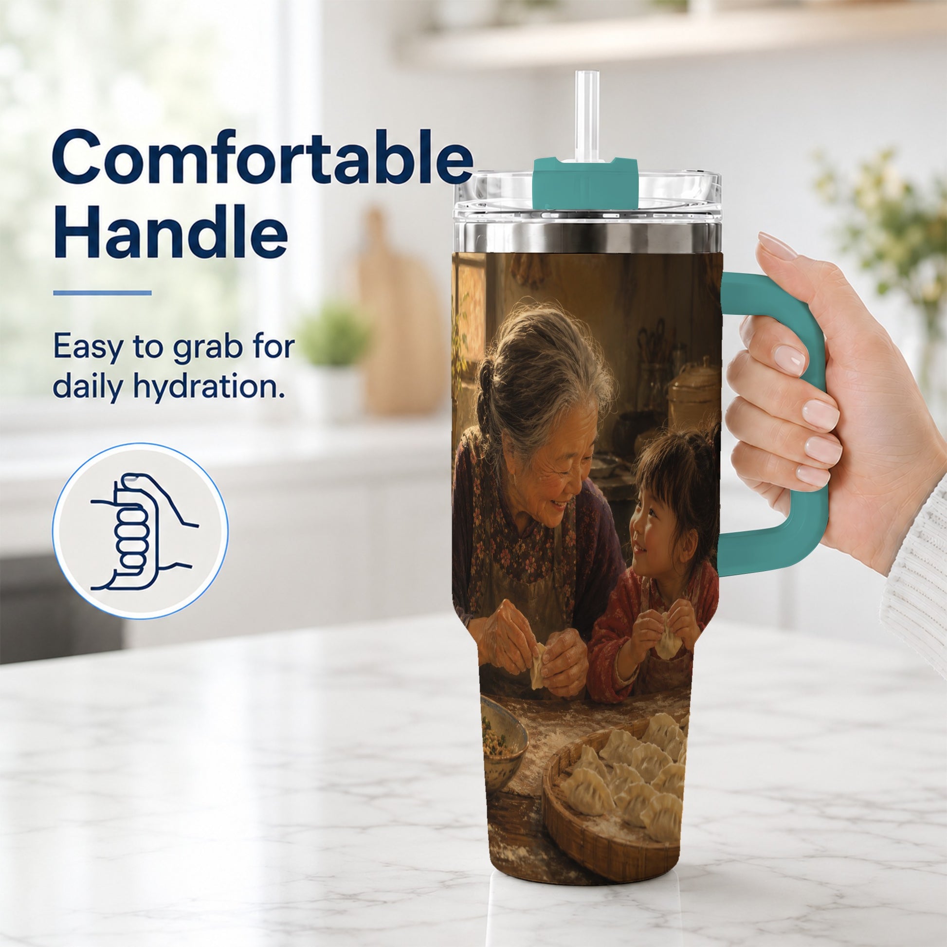 #pl[40oz|Green] Family Dumpling Making 40oz Tumbler with Handle, Kitchen Art