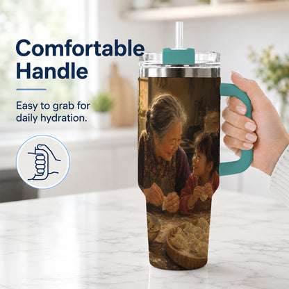 #pl[40oz|Green] Family Dumpling Making 40oz Tumbler with Handle, Kitchen Art