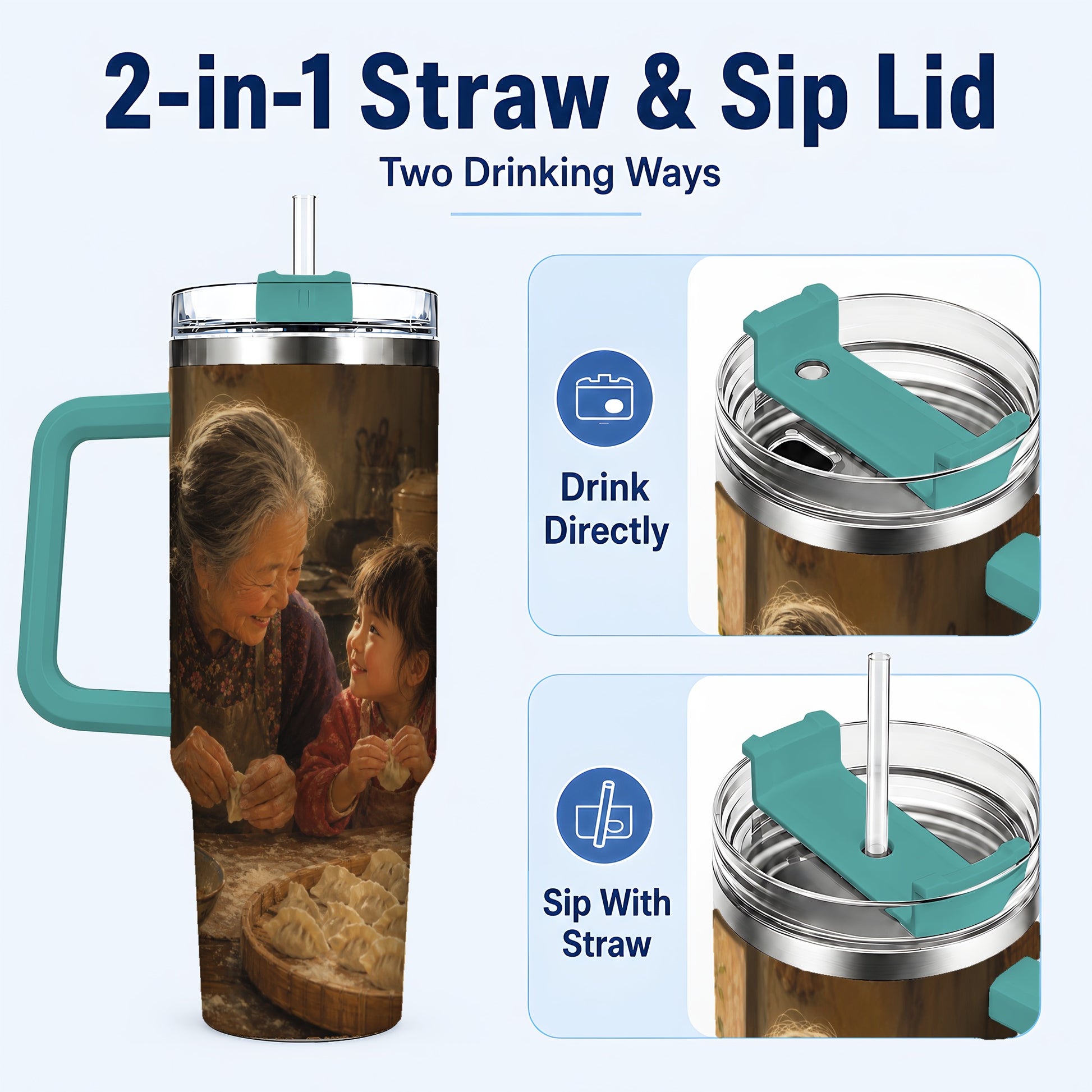 #pl[40oz|Green] Family Dumpling Making 40oz Tumbler with Handle, Kitchen Art