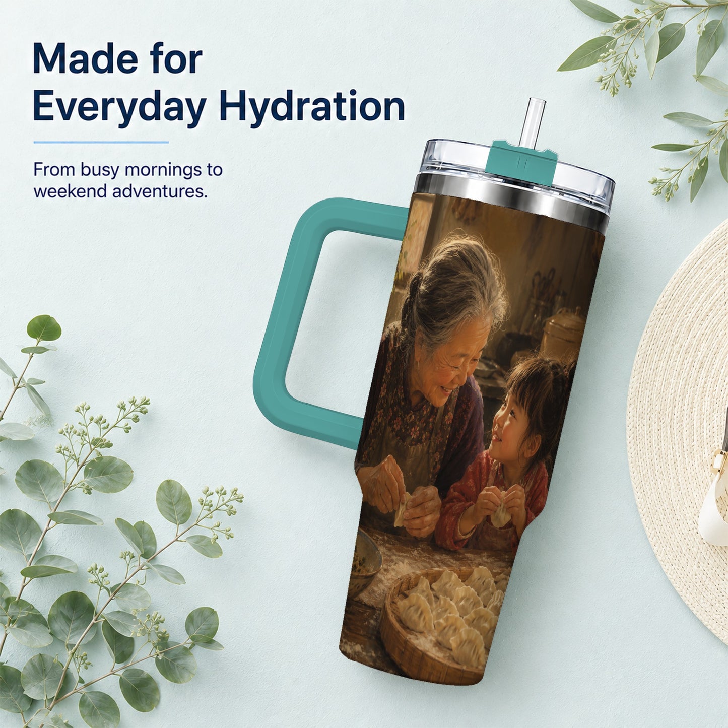#pl[40oz|Green] Family Dumpling Making 40oz Tumbler with Handle, Kitchen Art