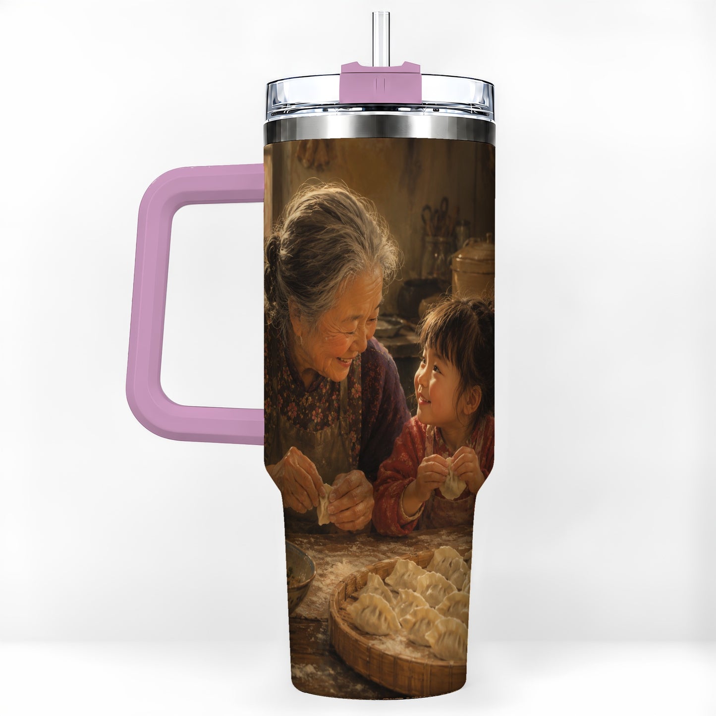 #pl[40oz|Pink] Family Dumpling Making 40oz Tumbler with Handle, Kitchen Art