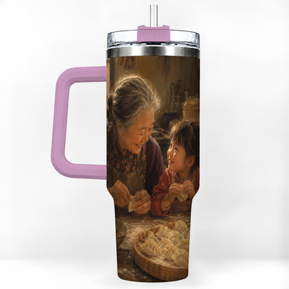 #pl[40oz|Pink] Family Dumpling Making 40oz Tumbler with Handle, Kitchen Art