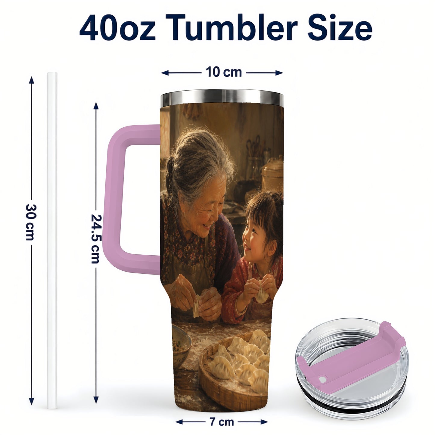 #pl[40oz|Pink] Family Dumpling Making 40oz Tumbler with Handle, Kitchen Art