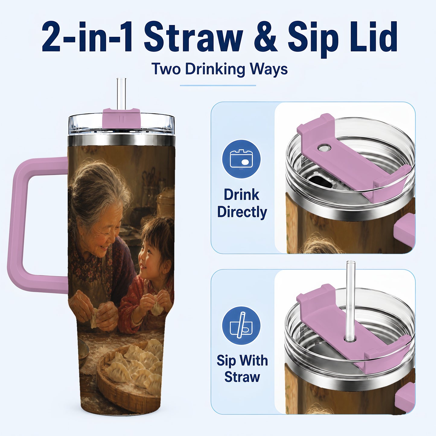 #pl[40oz|Pink] Family Dumpling Making 40oz Tumbler with Handle, Kitchen Art