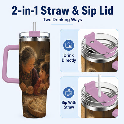 #pl[40oz|Pink] Family Dumpling Making 40oz Tumbler with Handle, Kitchen Art