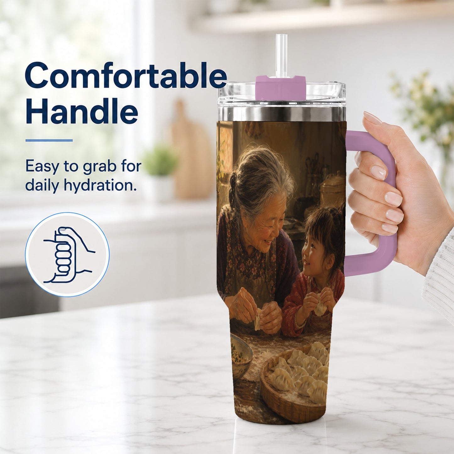 #pl[40oz|Pink] Family Dumpling Making 40oz Tumbler with Handle, Kitchen Art
