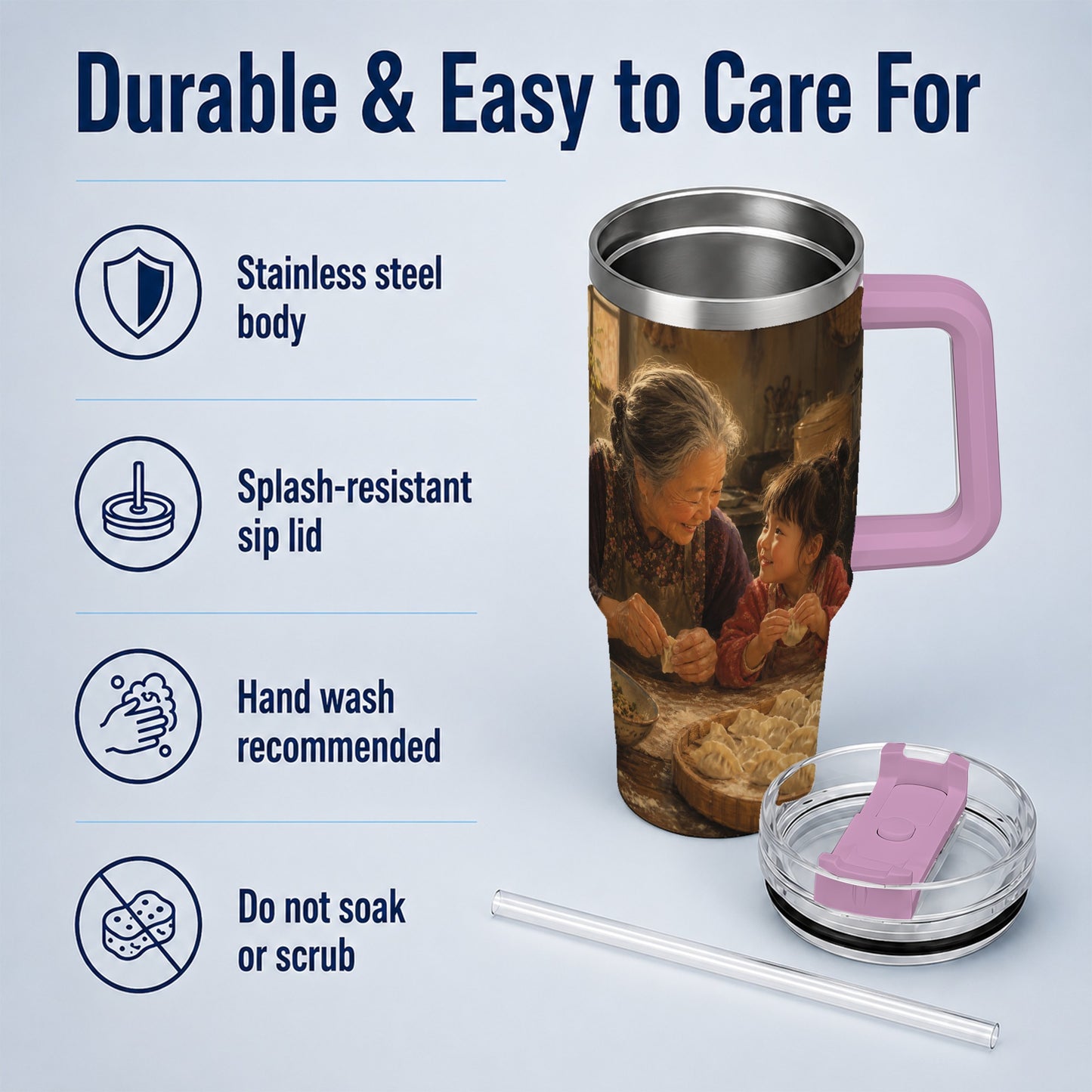 #pl[40oz|Pink] Family Dumpling Making 40oz Tumbler with Handle, Kitchen Art