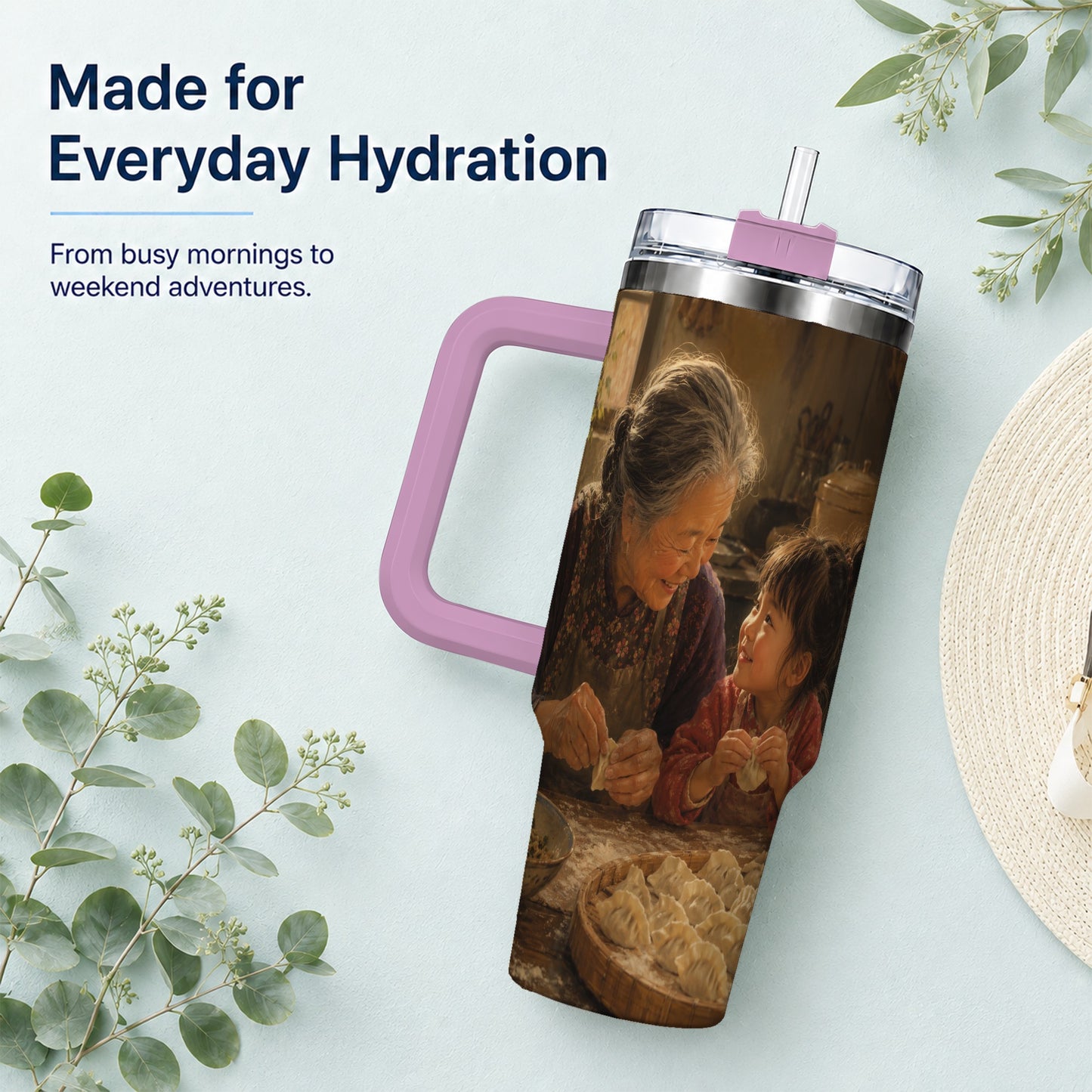 #pl[40oz|Pink] Family Dumpling Making 40oz Tumbler with Handle, Kitchen Art