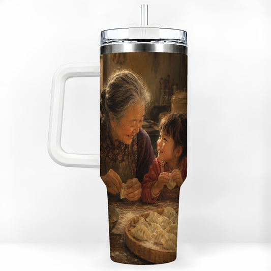 Family Dumpling Making 40oz Tumbler with Handle, Kitchen Art