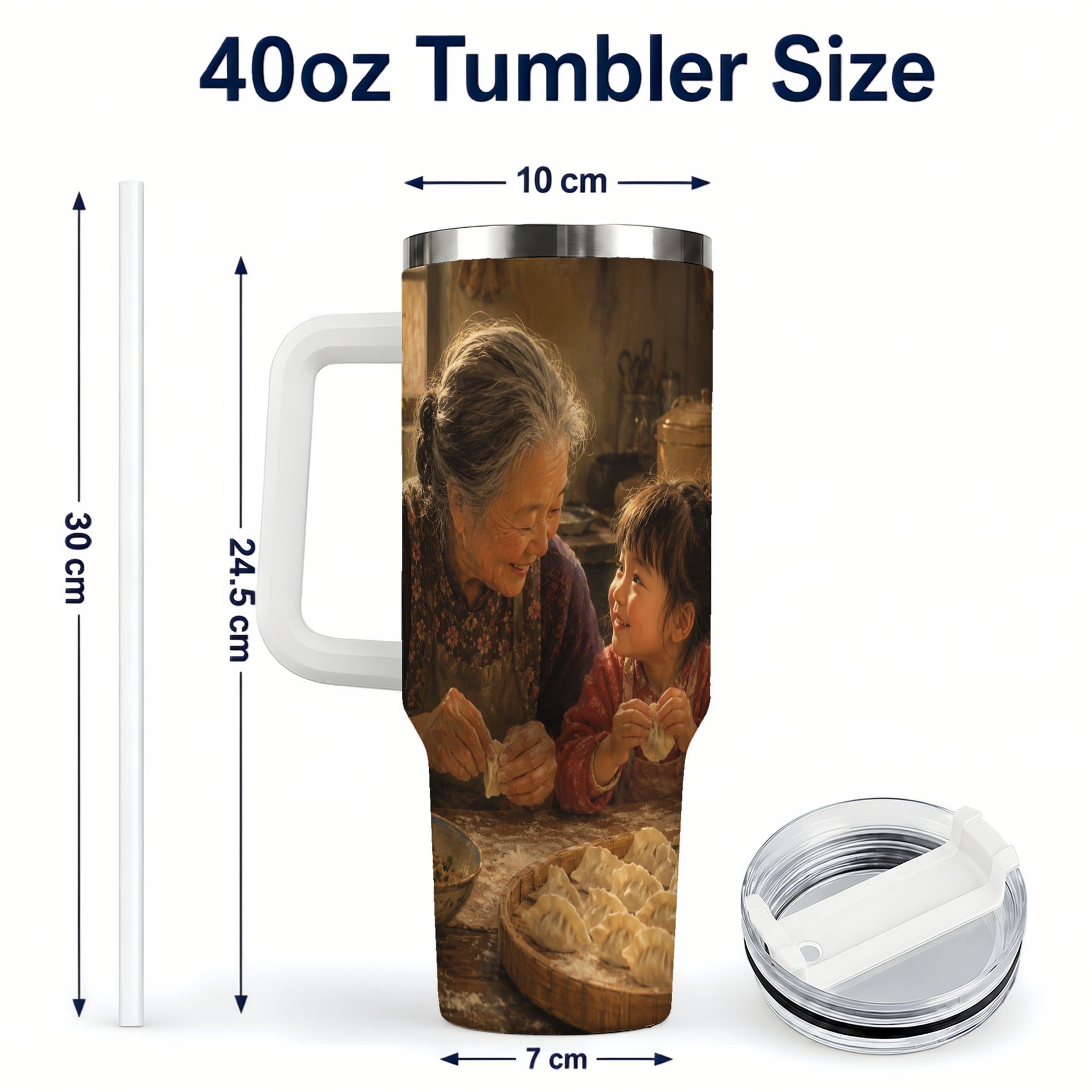 #pl[40oz|White] Family Dumpling Making 40oz Tumbler with Handle, Kitchen Art