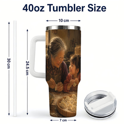 #pl[40oz|White] Family Dumpling Making 40oz Tumbler with Handle, Kitchen Art