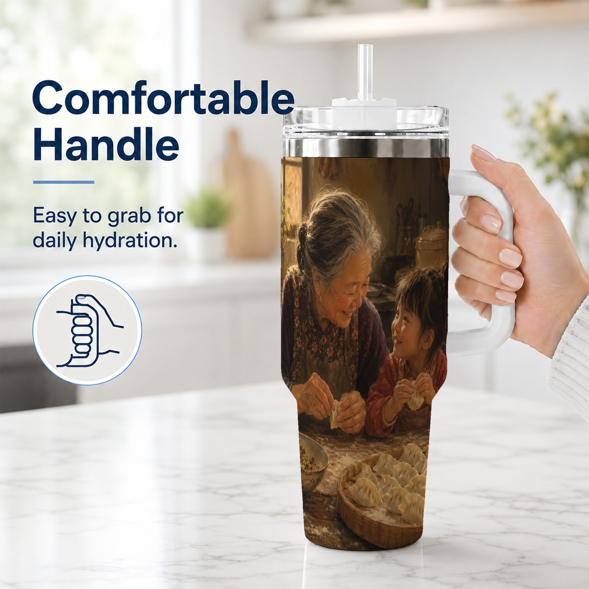 #pl[40oz|White] Family Dumpling Making 40oz Tumbler with Handle, Kitchen Art