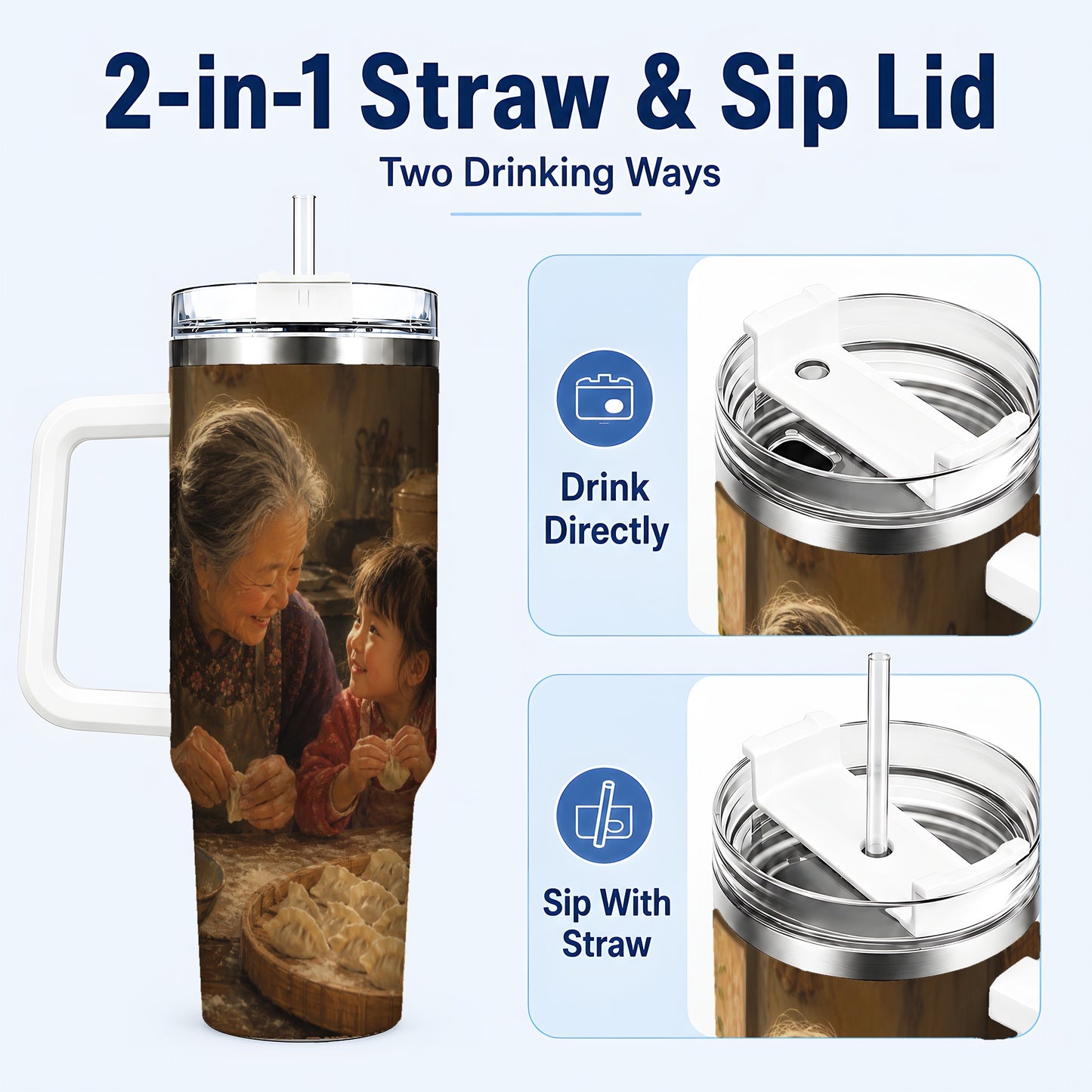 #pl[40oz|White] Family Dumpling Making 40oz Tumbler with Handle, Kitchen Art